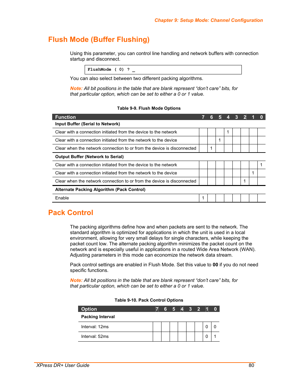 Flush mode (buffer flushing), Pack control, Table 9-9. flush mode options | Table 9-10. pack control options | Lantronix XPress DR+ User Manual | Page 80 / 116