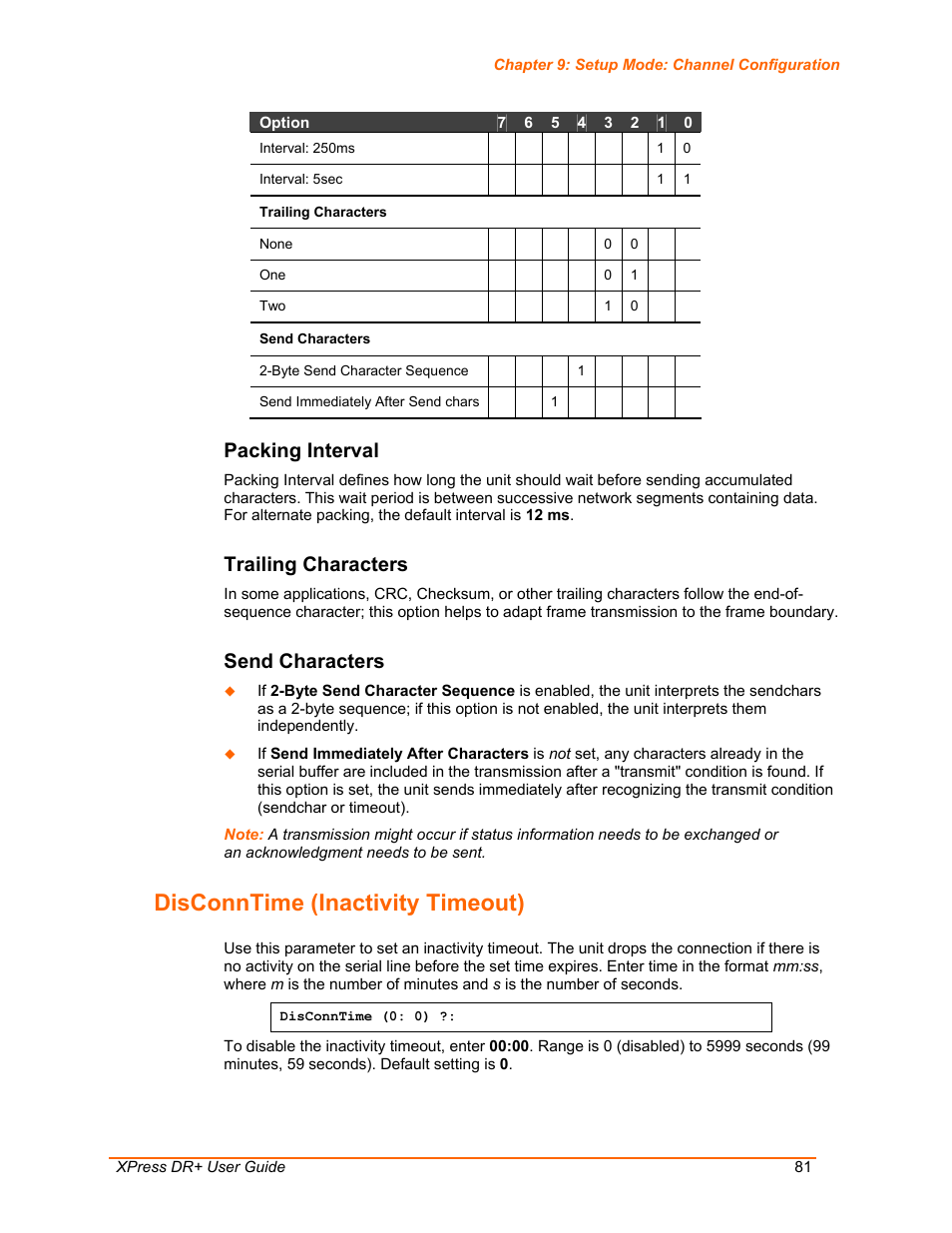 Disconntime (inactivity timeout), Packing interval, Trailing characters | Send characters | Lantronix XPress DR+ User Manual | Page 81 / 116