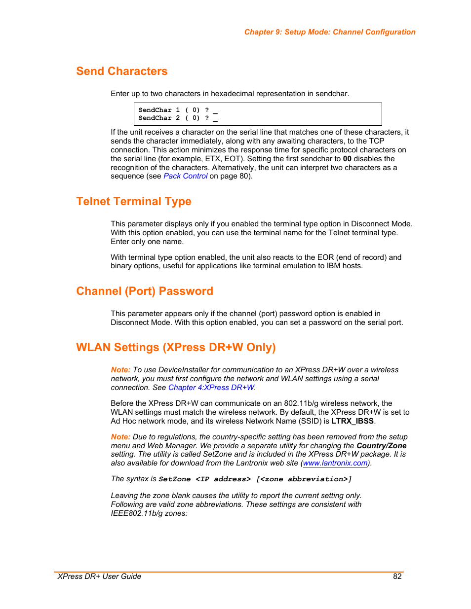 Send characters, Telnet terminal type, Channel (port) password | Wlan settings (xpress dr+w only) | Lantronix XPress DR+ User Manual | Page 82 / 116