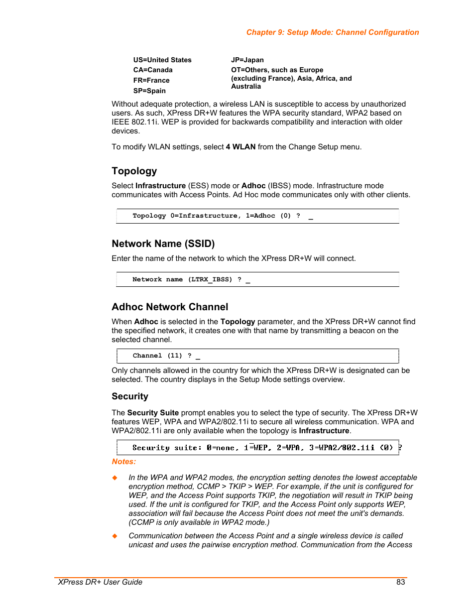 Topology, Network name (ssid), Adhoc network channel | Lantronix XPress DR+ User Manual | Page 83 / 116