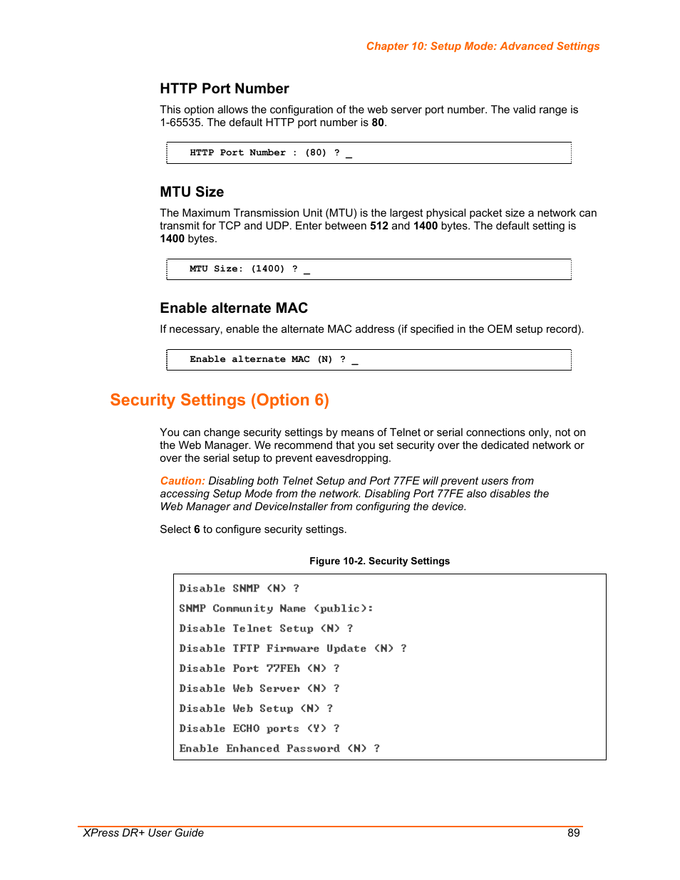 Security settings (option 6), Http port number, Mtu size | Enable alternate mac, Figure 10-2. security settings | Lantronix XPress DR+ User Manual | Page 89 / 116