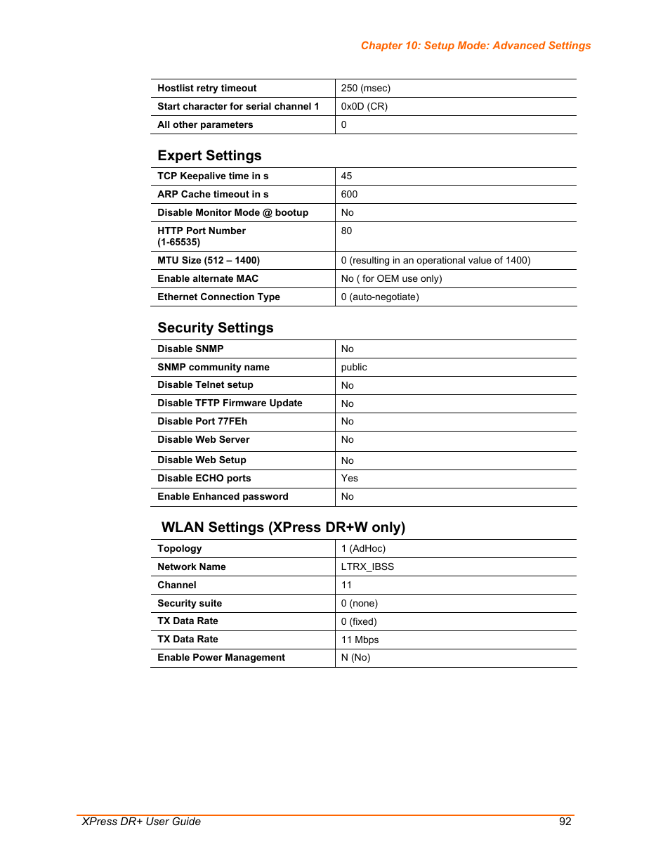 Expert settings, Security settings, Wlan settings (xpress dr+w only) | Lantronix XPress DR+ User Manual | Page 92 / 116