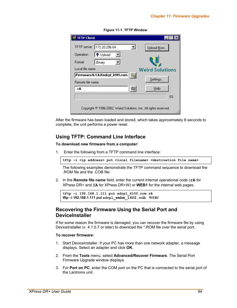 Using tftp: command line interface, Figure 11-1. tftp window | Lantronix XPress DR+ User Manual | Page 94 / 116