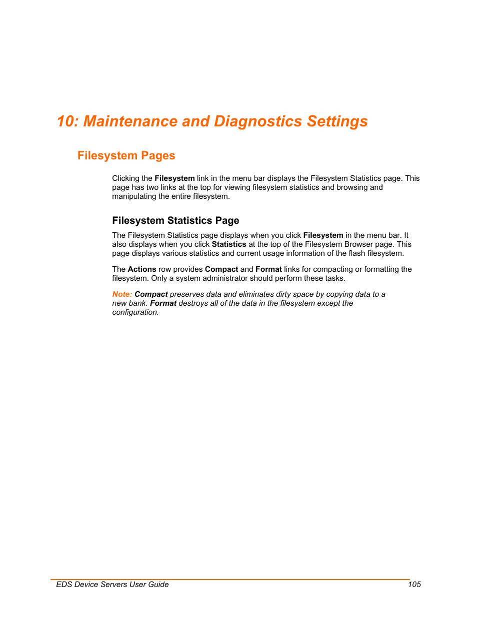 Maintenance and diagnostics settings, Maintenance and diagnostics, Filesystem pages | Lantronix EDS Device Servers EDS16PR User Manual | Page 105 / 175