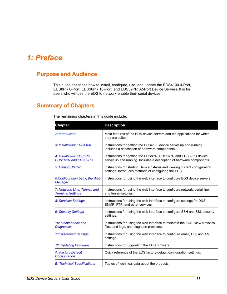 Preface, Purpose and audience, Summary of chapters | Lantronix EDS Device Servers EDS16PR User Manual | Page 11 / 175