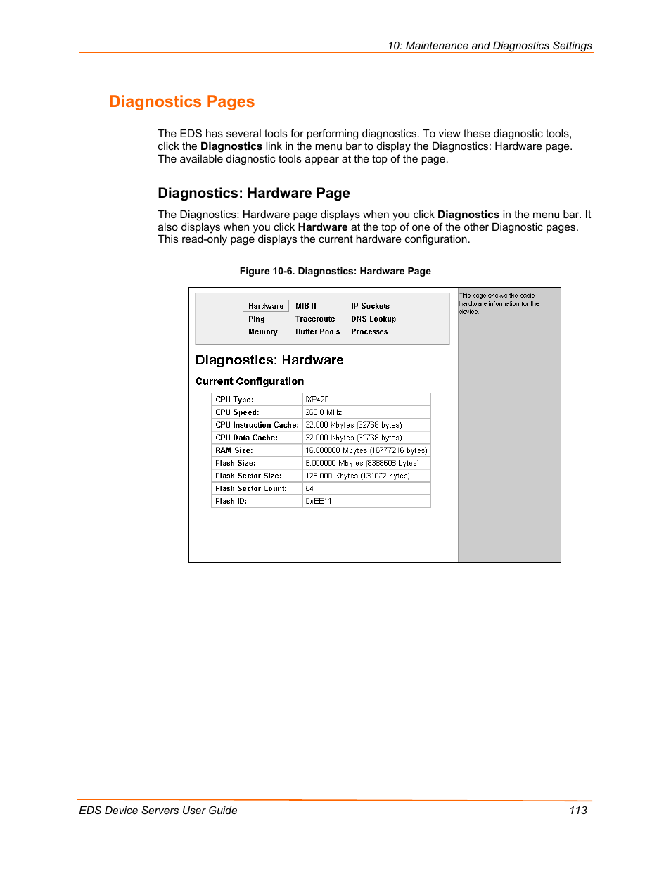 Diagnostics pages, Diagnostics: hardware page | Lantronix EDS Device Servers EDS16PR User Manual | Page 113 / 175
