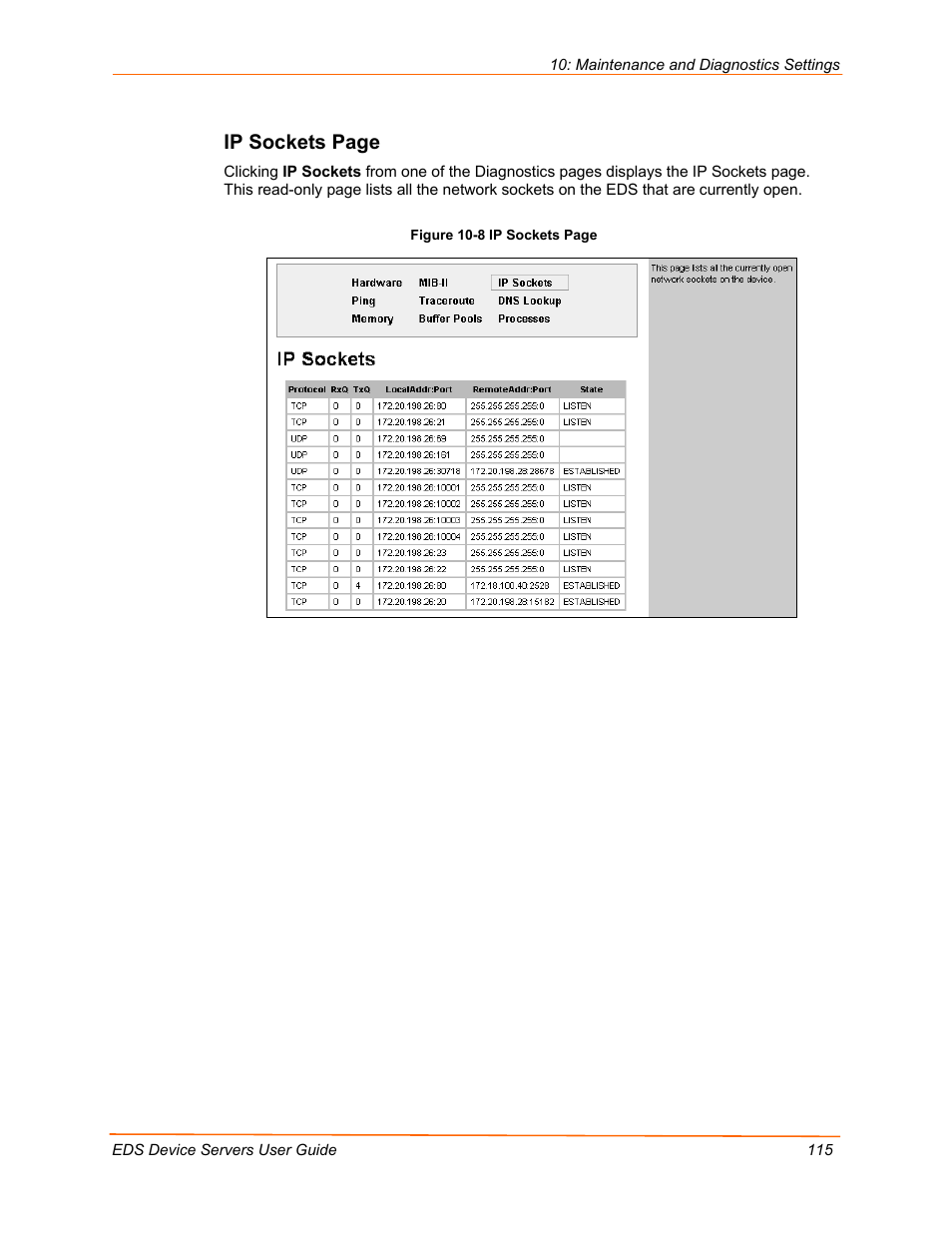 Ip sockets page | Lantronix EDS Device Servers EDS16PR User Manual | Page 115 / 175