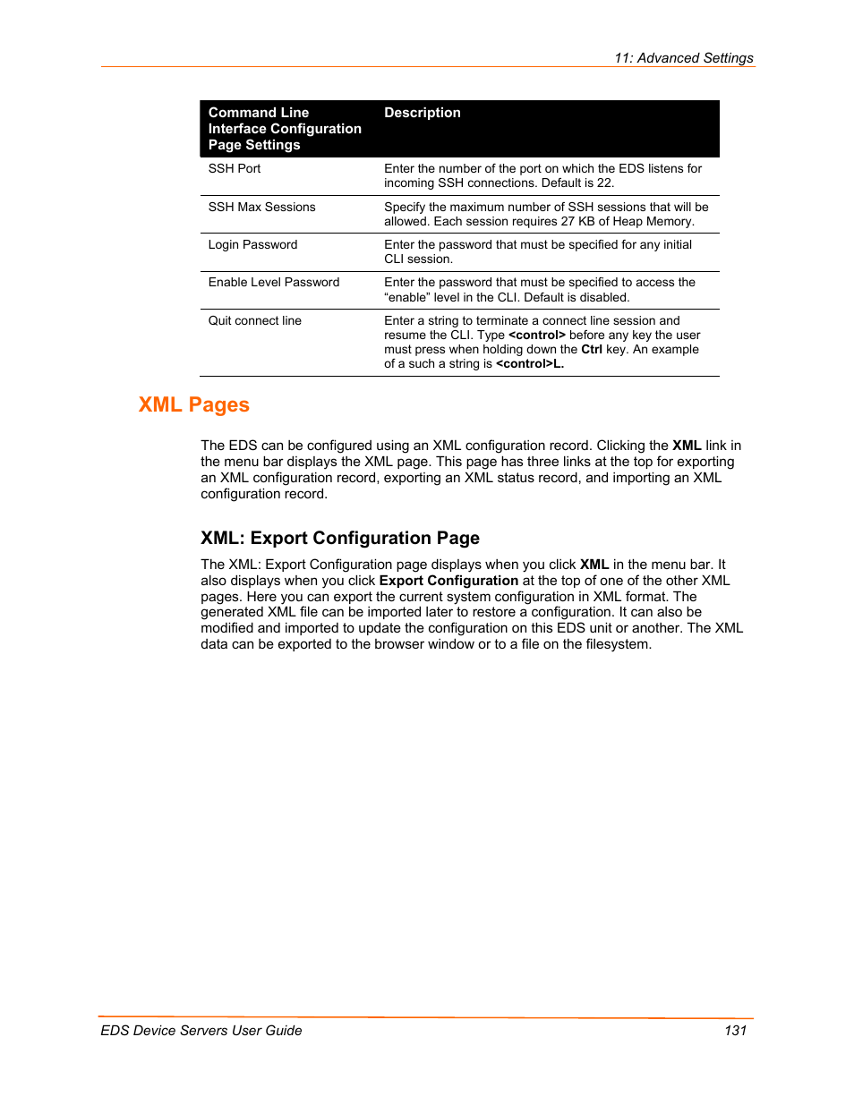 Xml pages, Xml: export configuration page | Lantronix EDS Device Servers EDS16PR User Manual | Page 131 / 175