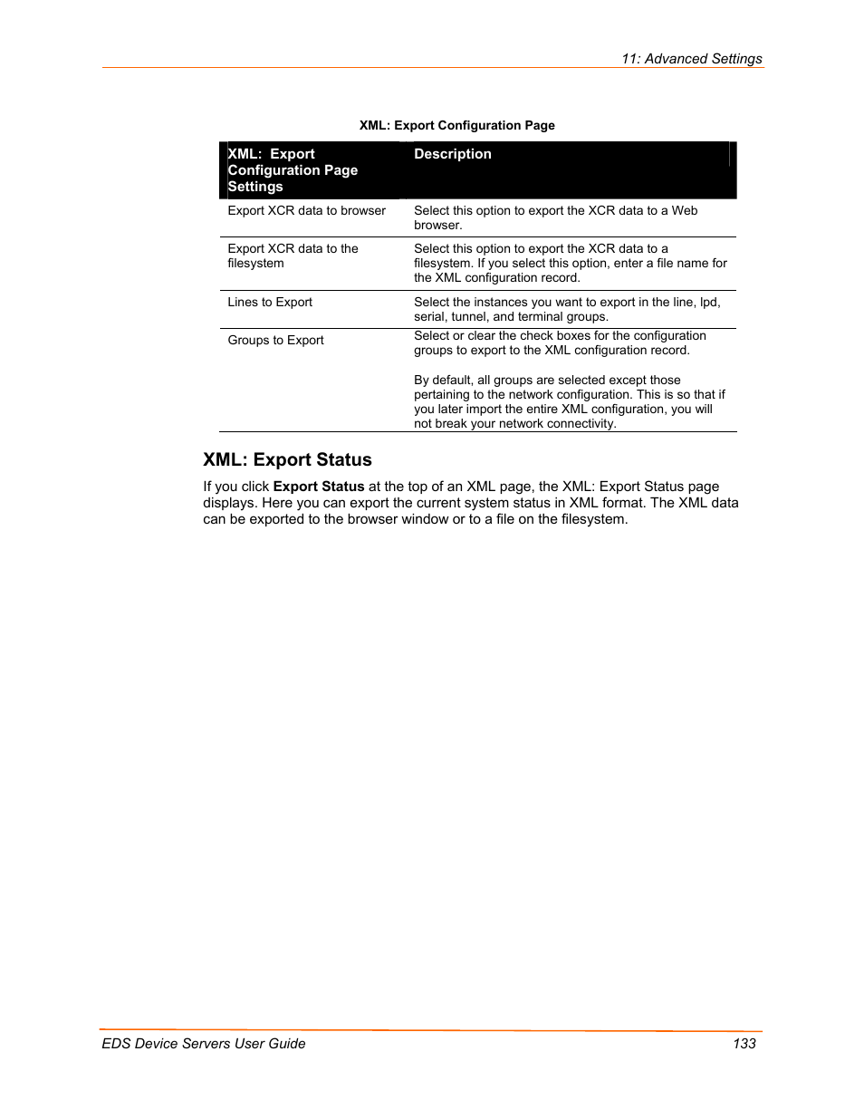 Xml: export status | Lantronix EDS Device Servers EDS16PR User Manual | Page 133 / 175