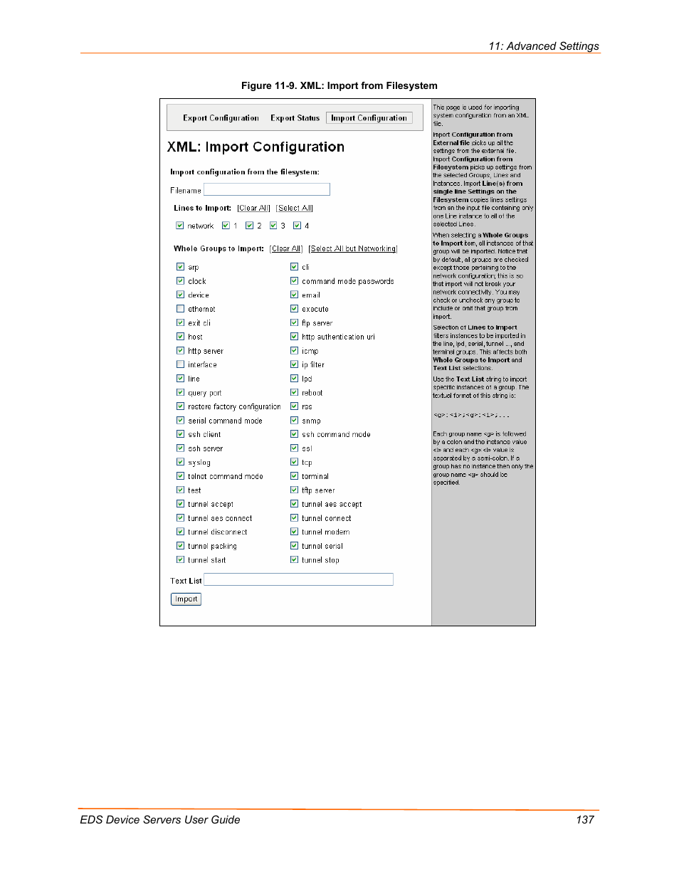 Figure 11-9. xml: import from filesystem | Lantronix EDS Device Servers EDS16PR User Manual | Page 137 / 175