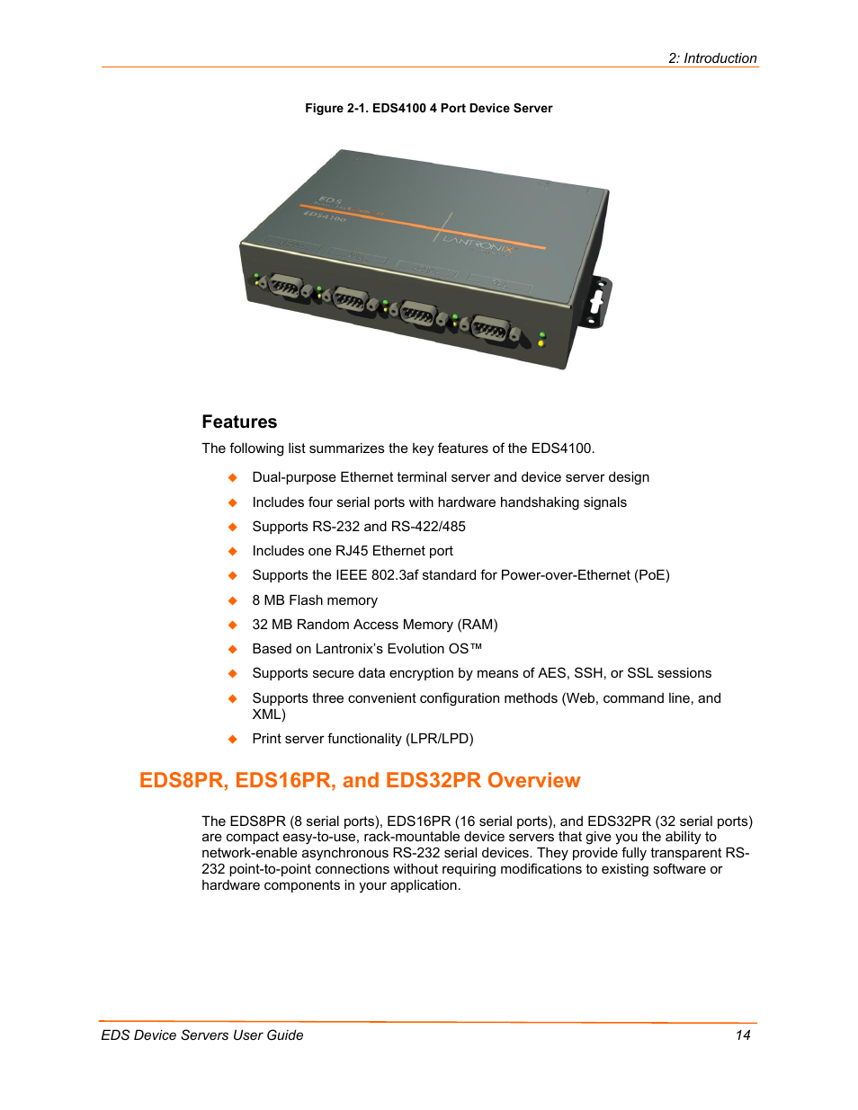 Eds8pr, eds16pr, and eds32pr overview, Features, Figure 2-1. eds4100 4 port device server | Lantronix EDS Device Servers EDS16PR User Manual | Page 14 / 175