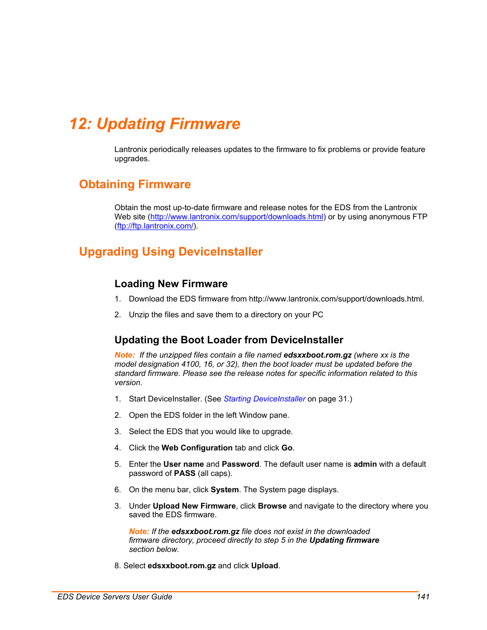 Updating firmware, Obtaining firmware, Upgrading using deviceinstaller | Loading new firmware, Updating the boot loader from deviceinstaller | Lantronix EDS Device Servers EDS16PR User Manual | Page 141 / 175