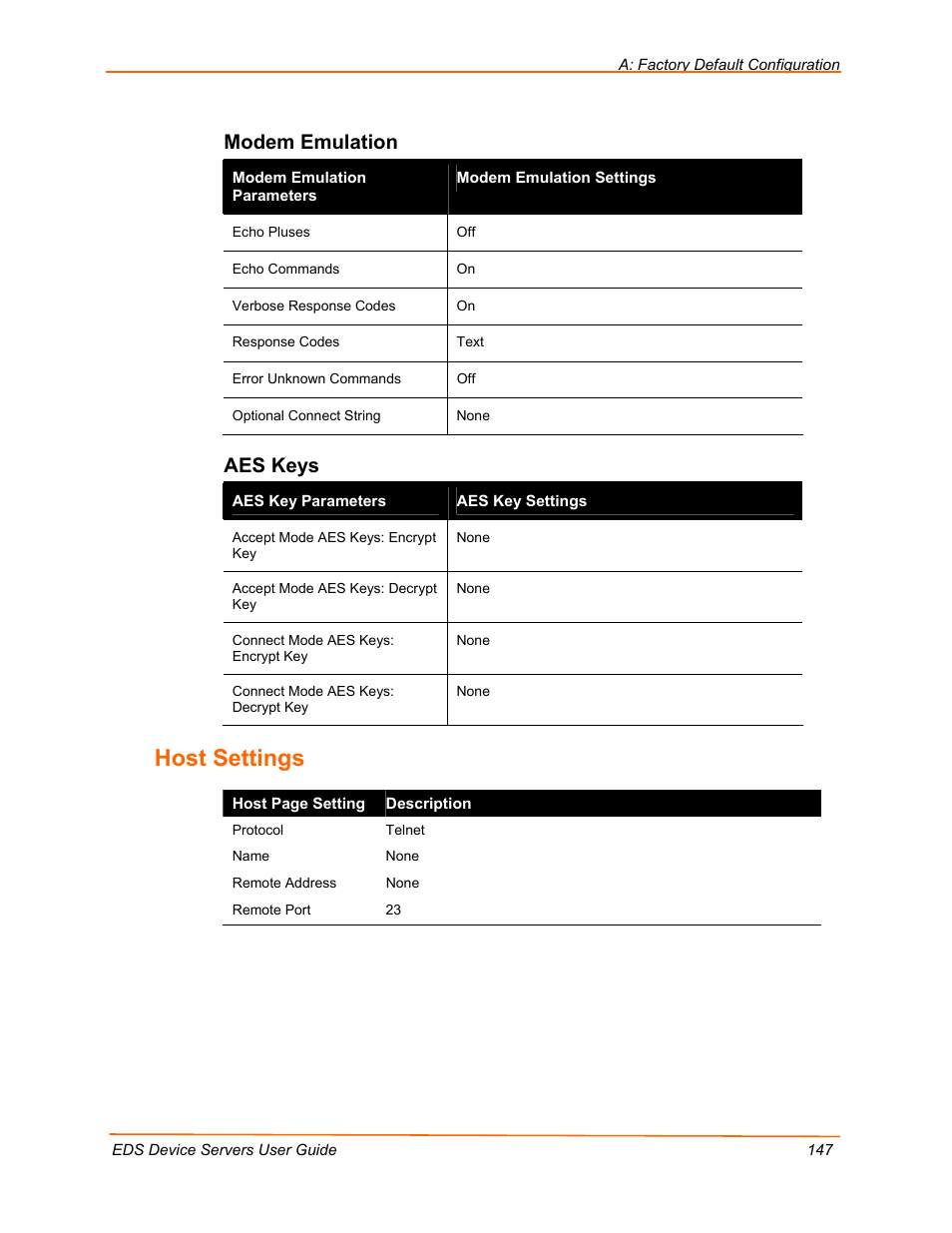 Host settings, Modem emulation, Aes keys | Lantronix EDS Device Servers EDS16PR User Manual | Page 147 / 175