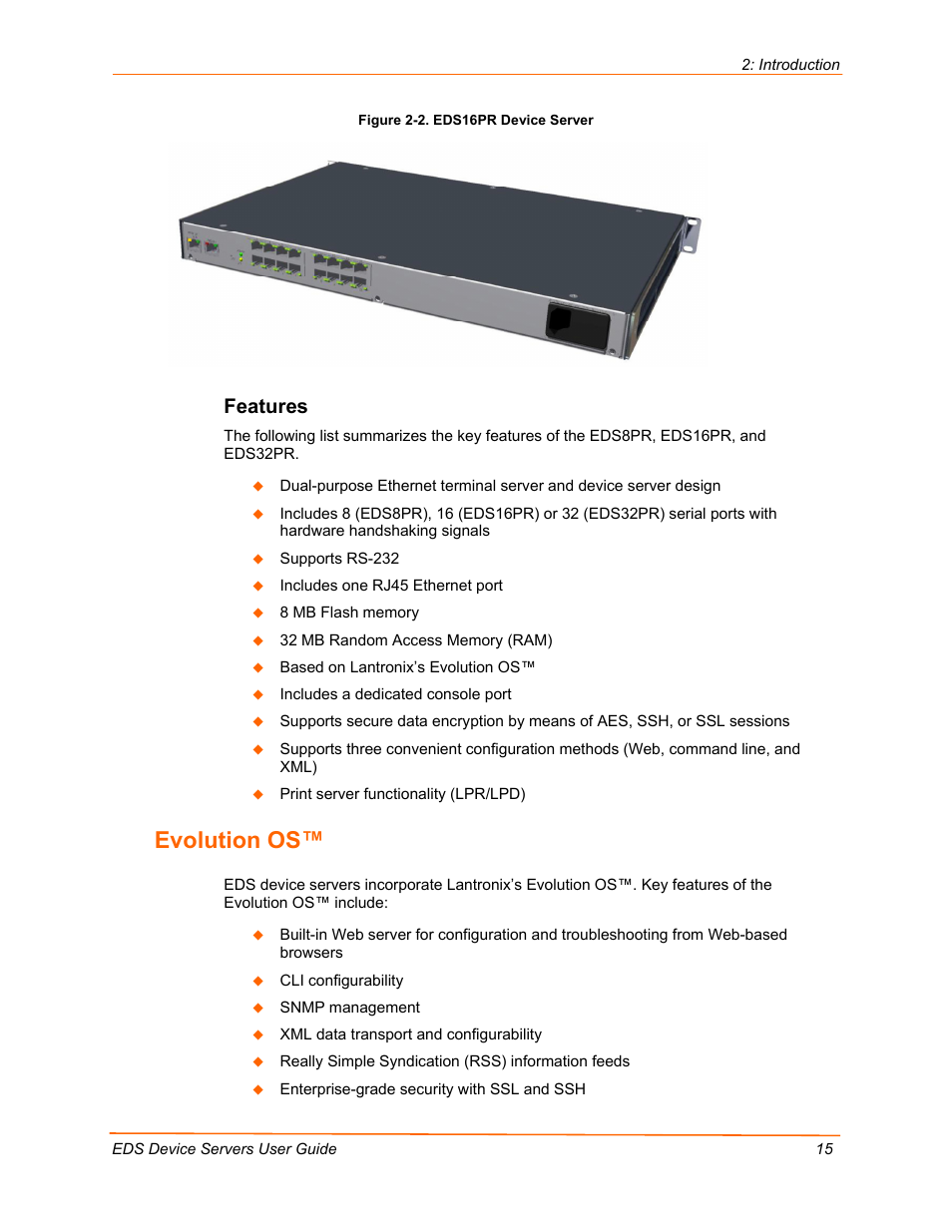 Evolution os, Features, Figure 2-2. eds16pr device server | Lantronix EDS Device Servers EDS16PR User Manual | Page 15 / 175