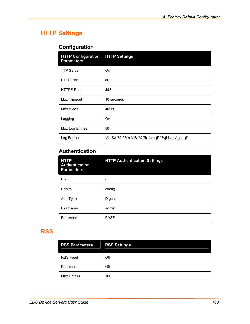 Http settings, Configuration, Authentication | Lantronix EDS Device Servers EDS16PR User Manual | Page 150 / 175