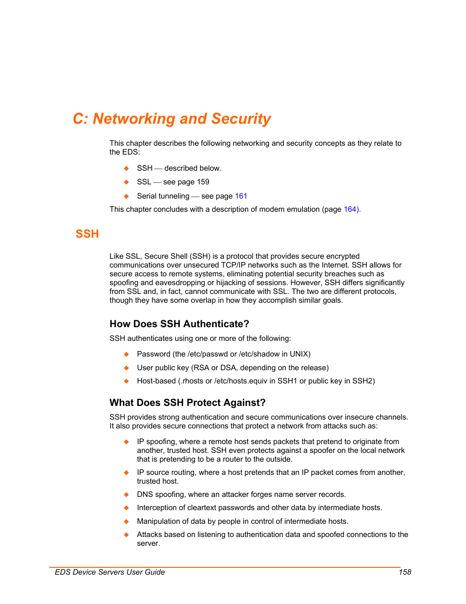 Networking and security, C: networking and security, How does ssh authenticate | What does ssh protect against, A: f, On p | Lantronix EDS Device Servers EDS16PR User Manual | Page 158 / 175