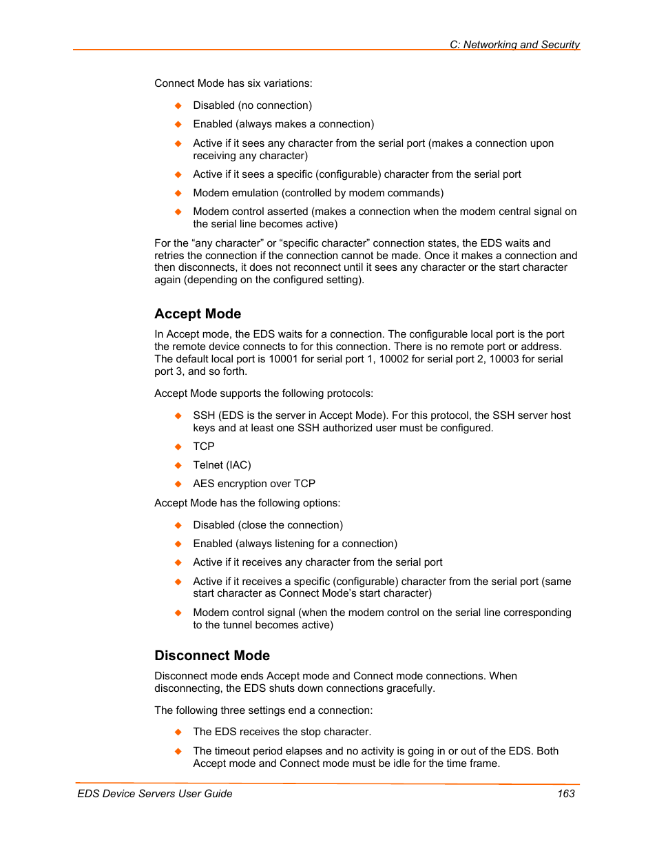 Accept mode, Disconnect mode | Lantronix EDS Device Servers EDS16PR User Manual | Page 163 / 175