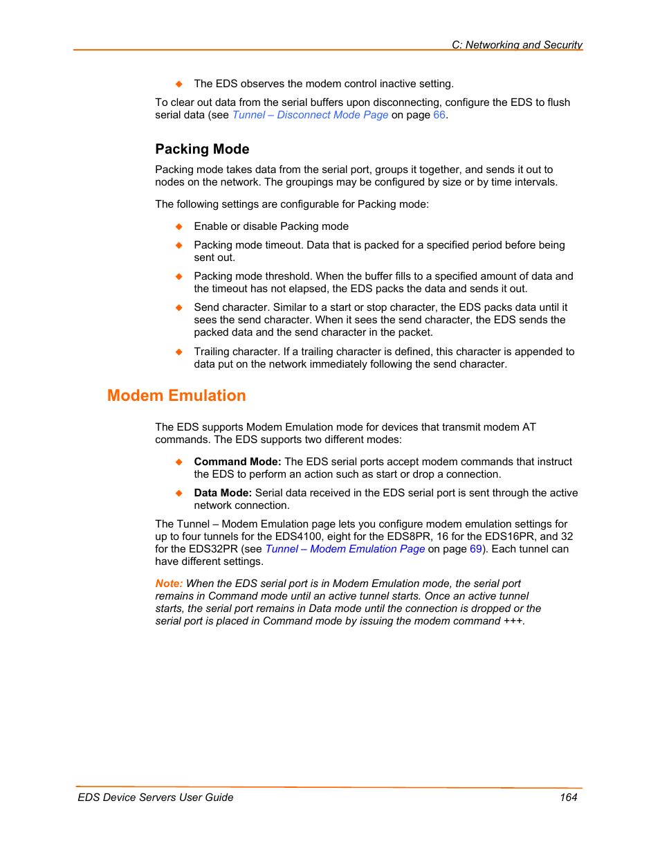 Modem emulation, Packing mode, On p | Lantronix EDS Device Servers EDS16PR User Manual | Page 164 / 175