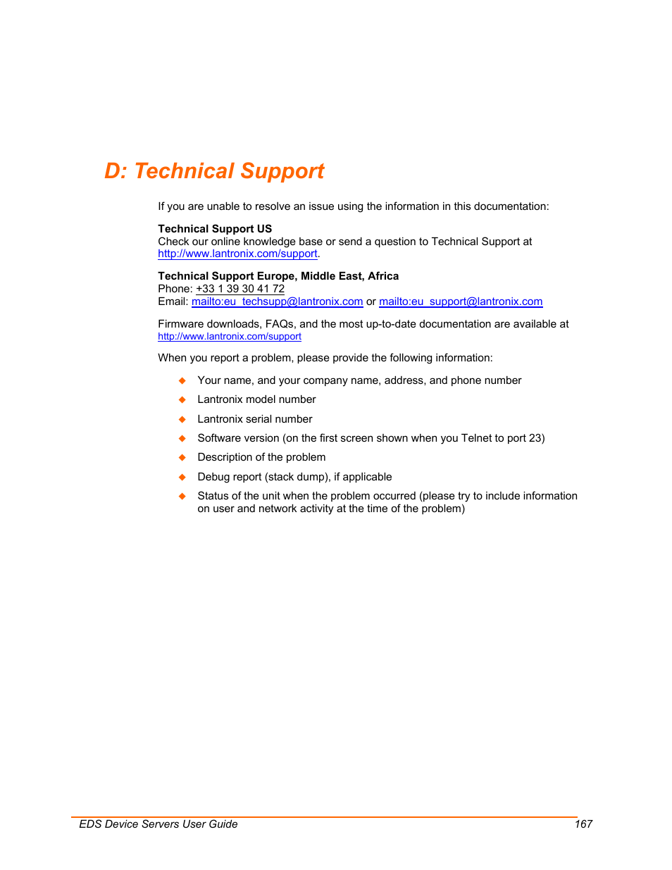 Technical support, D: technical support | Lantronix EDS Device Servers EDS16PR User Manual | Page 167 / 175