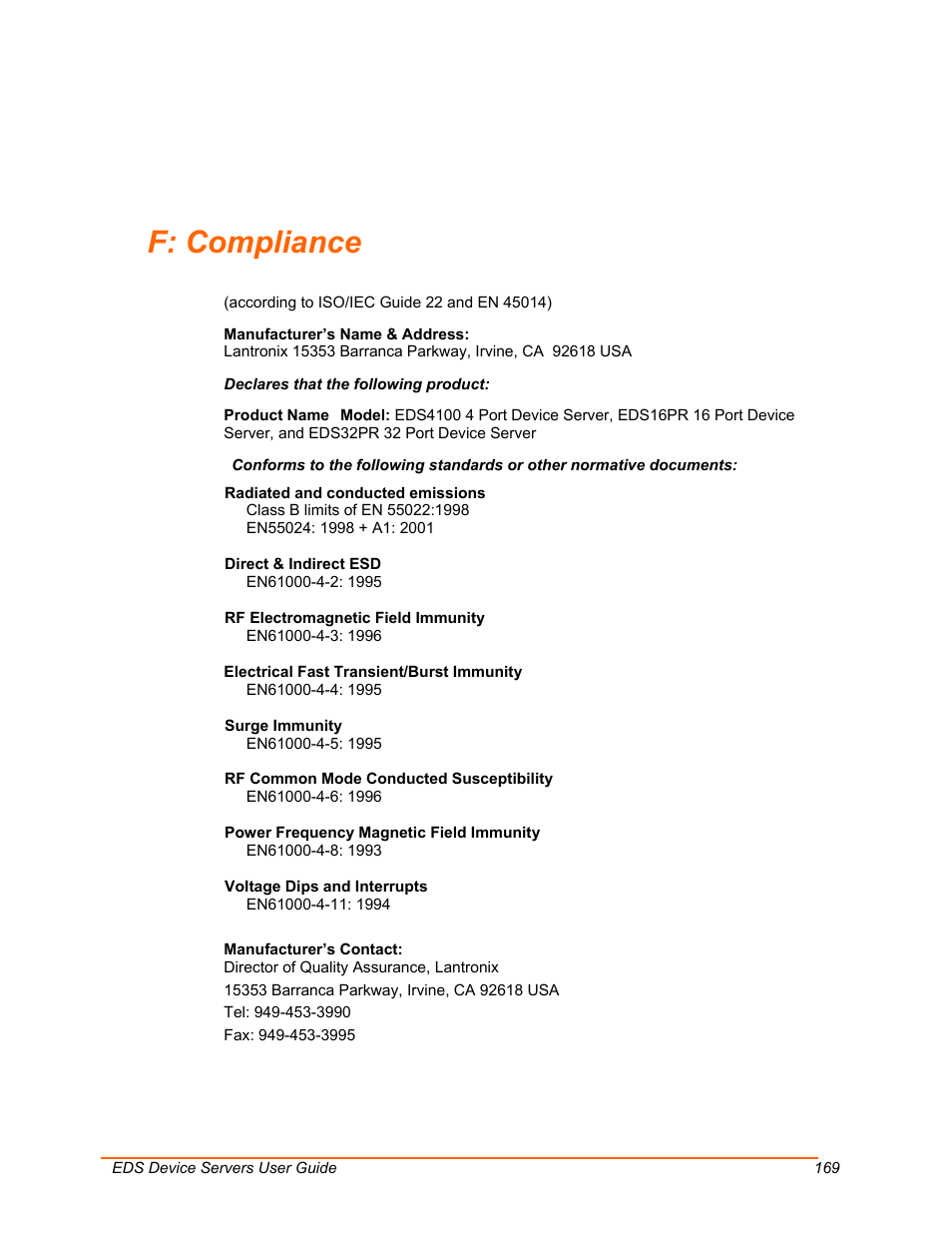 Compliance, F: compliance | Lantronix EDS Device Servers EDS16PR User Manual | Page 169 / 175