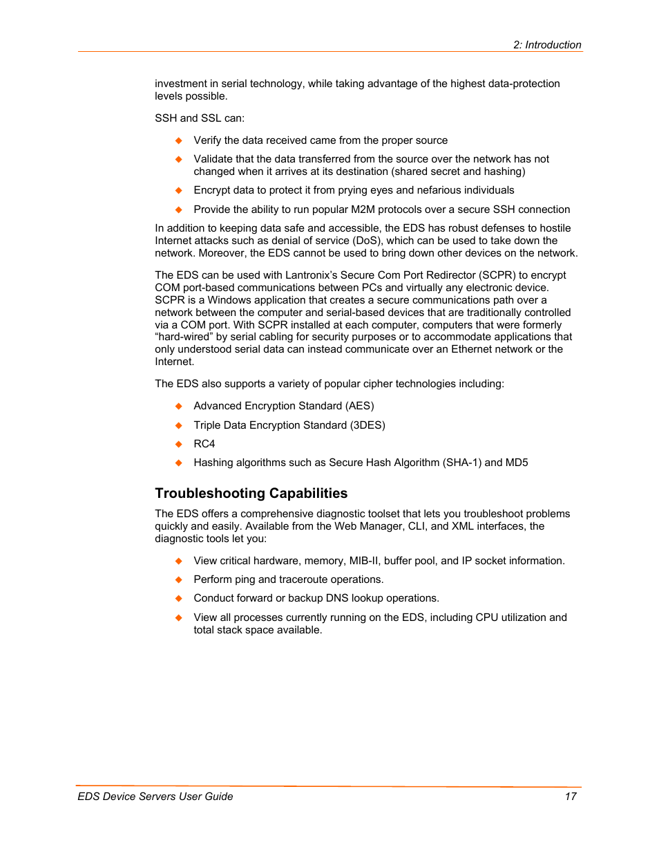 Troubleshooting capabilities | Lantronix EDS Device Servers EDS16PR User Manual | Page 17 / 175