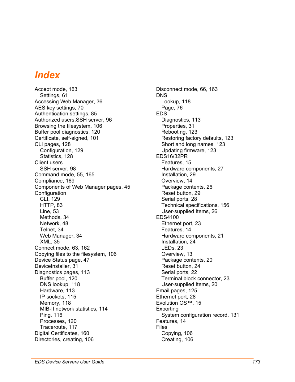 Index, Index 173 | Lantronix EDS Device Servers EDS16PR User Manual | Page 173 / 175