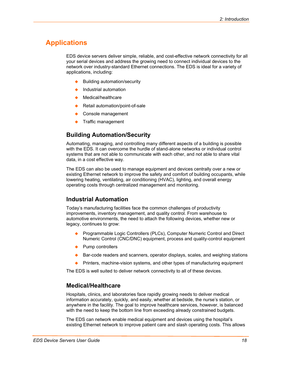 Applications, Building automation/security, Industrial automation | Medical/healthcare | Lantronix EDS Device Servers EDS16PR User Manual | Page 18 / 175