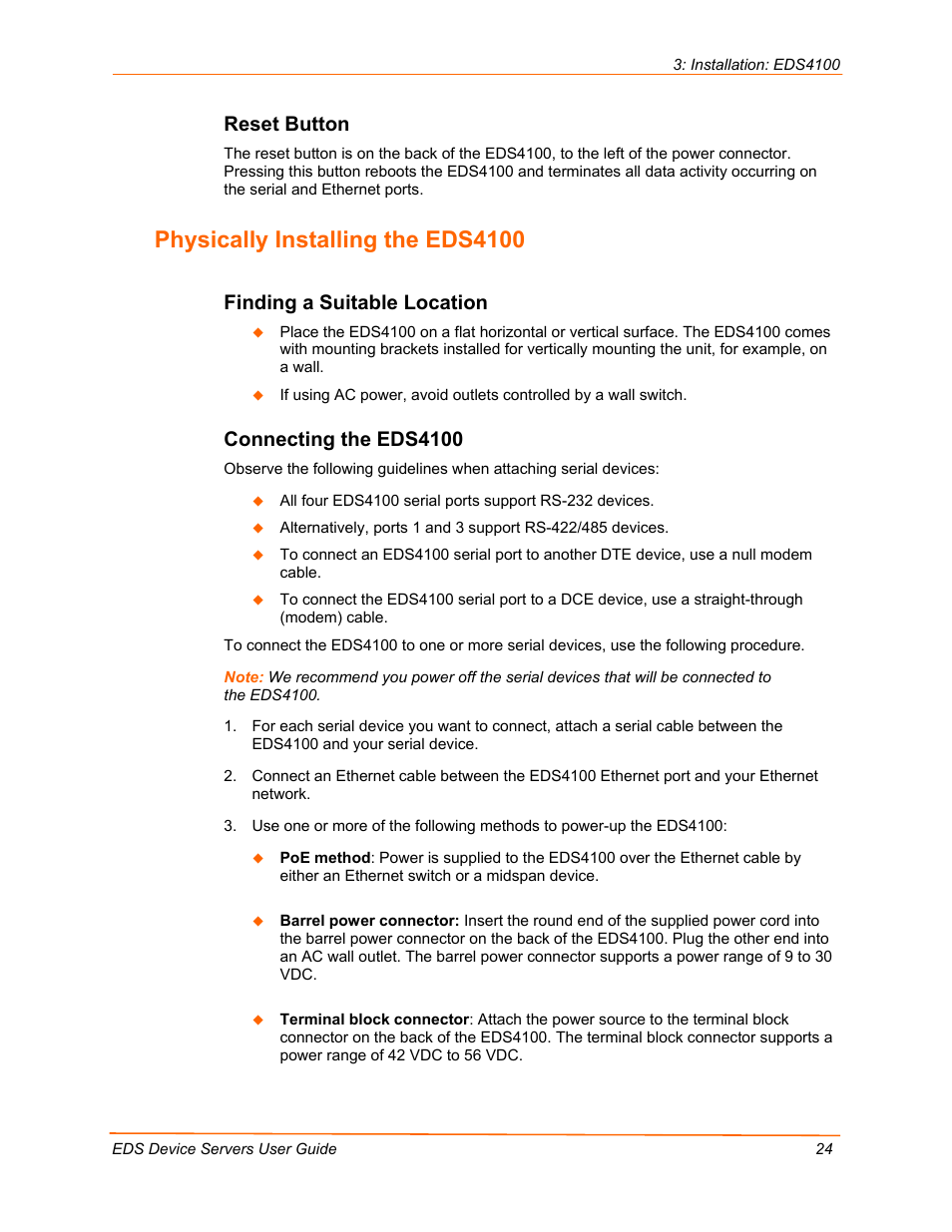 Physically installing the eds4100, Reset button, Finding a suitable location | Connecting the eds4100 | Lantronix EDS Device Servers EDS16PR User Manual | Page 24 / 175