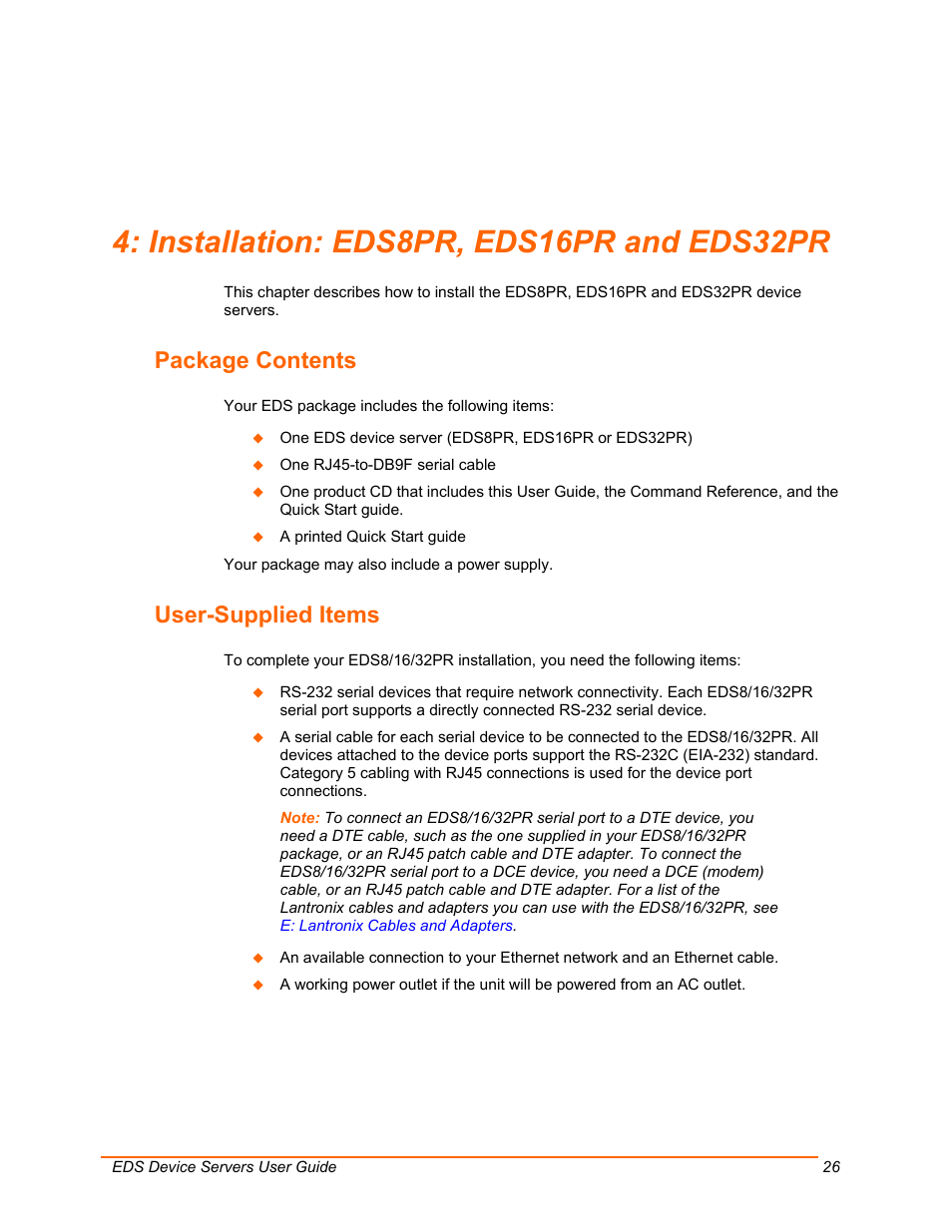 Installation: eds8pr, eds16pr and eds32pr, Package contents, User-supplied items | Lantronix EDS Device Servers EDS16PR User Manual | Page 26 / 175
