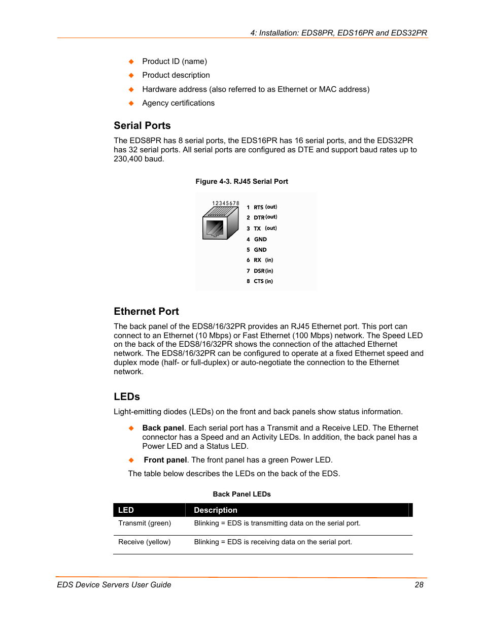 Serial ports, Ethernet port, Leds | Figure 4-3. rj45 serial port | Lantronix EDS Device Servers EDS16PR User Manual | Page 28 / 175