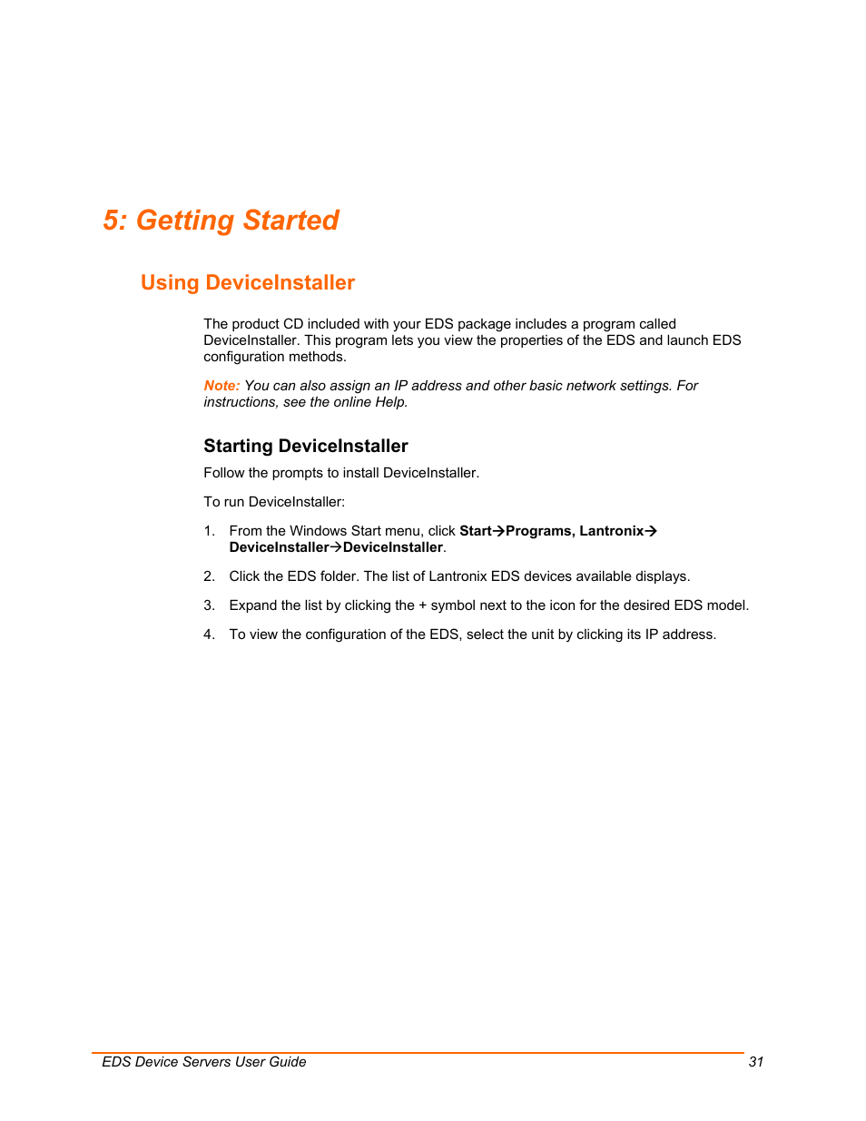 Getting started, Using deviceinstaller, Starting deviceinstaller | Lantronix EDS Device Servers EDS16PR User Manual | Page 31 / 175