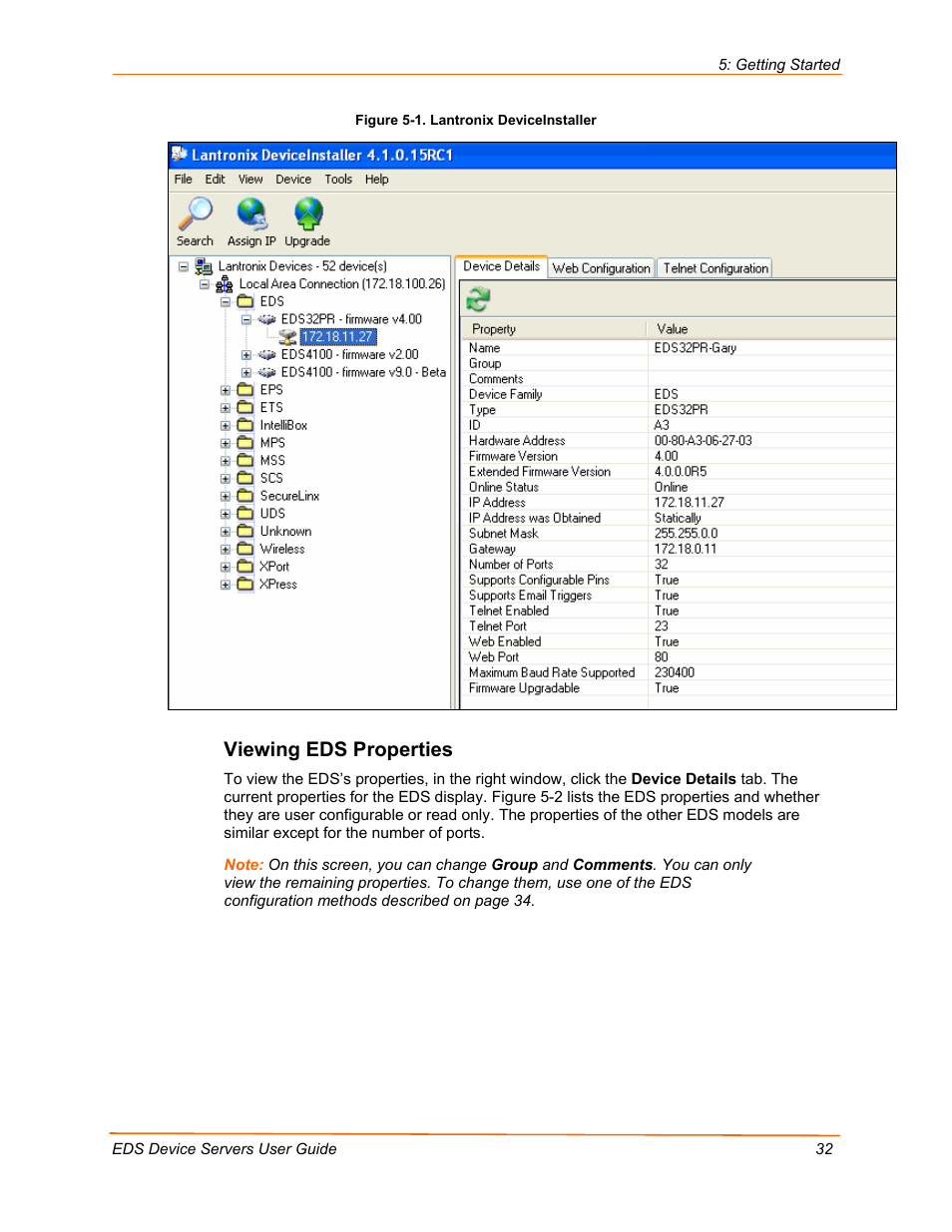Viewing eds properties, Figure 5-1. lantronix deviceinstaller | Lantronix EDS Device Servers EDS16PR User Manual | Page 32 / 175