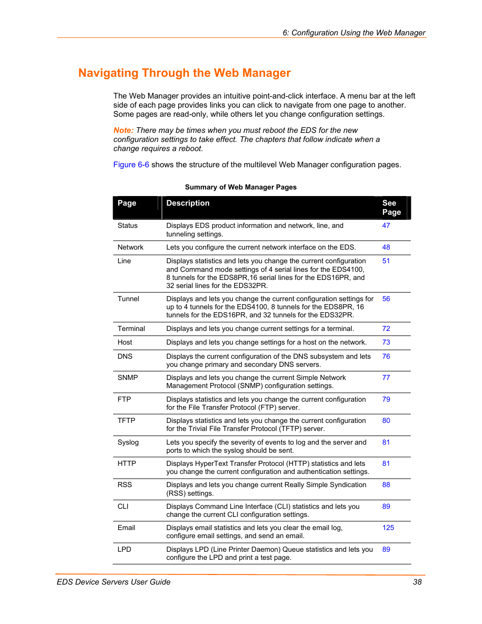 Navigating through the web manager | Lantronix EDS Device Servers EDS16PR User Manual | Page 38 / 175