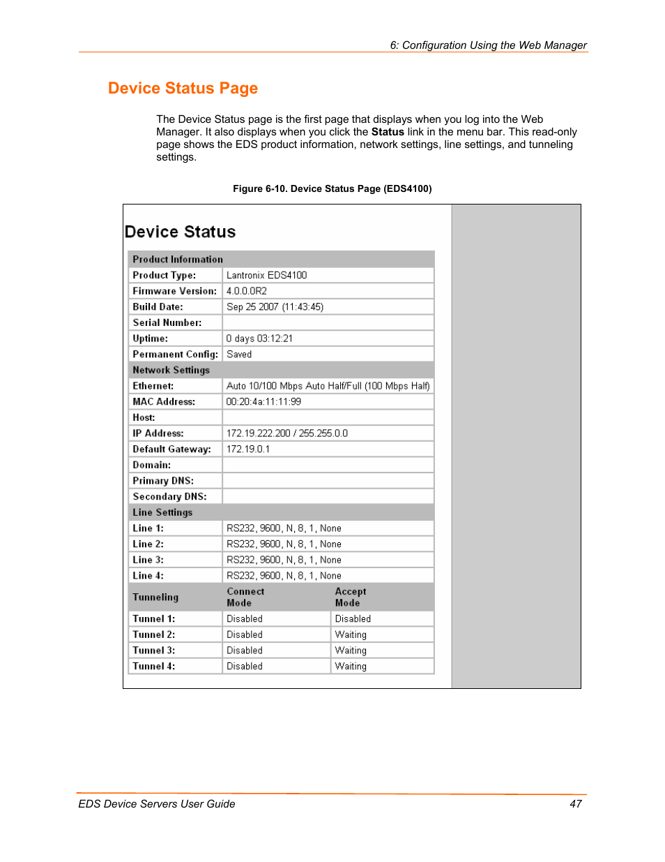 Device status page | Lantronix EDS Device Servers EDS16PR User Manual | Page 47 / 175
