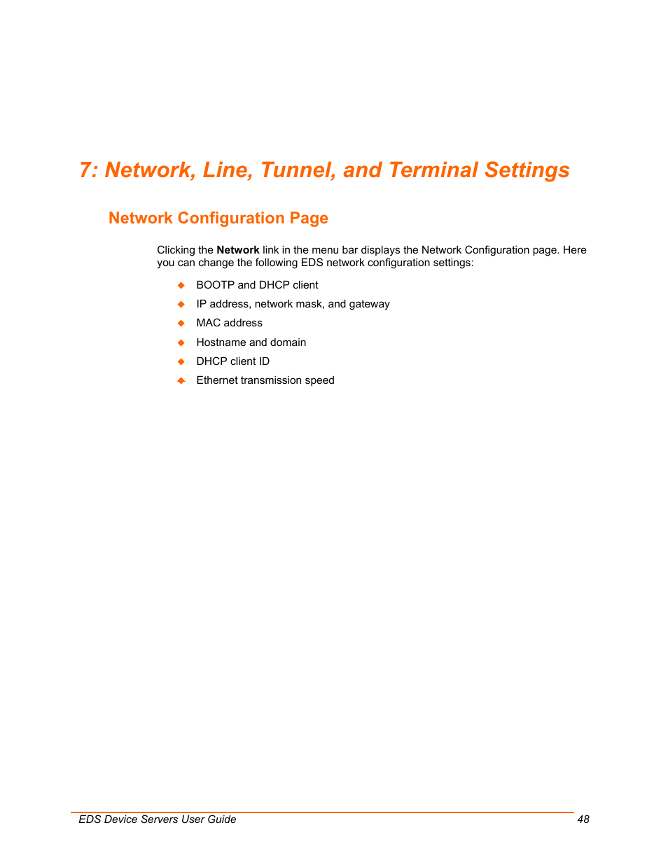 Network, line, tunnel, and terminal settings, Network configuration page | Lantronix EDS Device Servers EDS16PR User Manual | Page 48 / 175