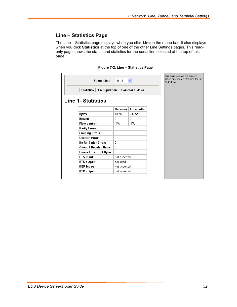 Line – statistics page | Lantronix EDS Device Servers EDS16PR User Manual | Page 52 / 175