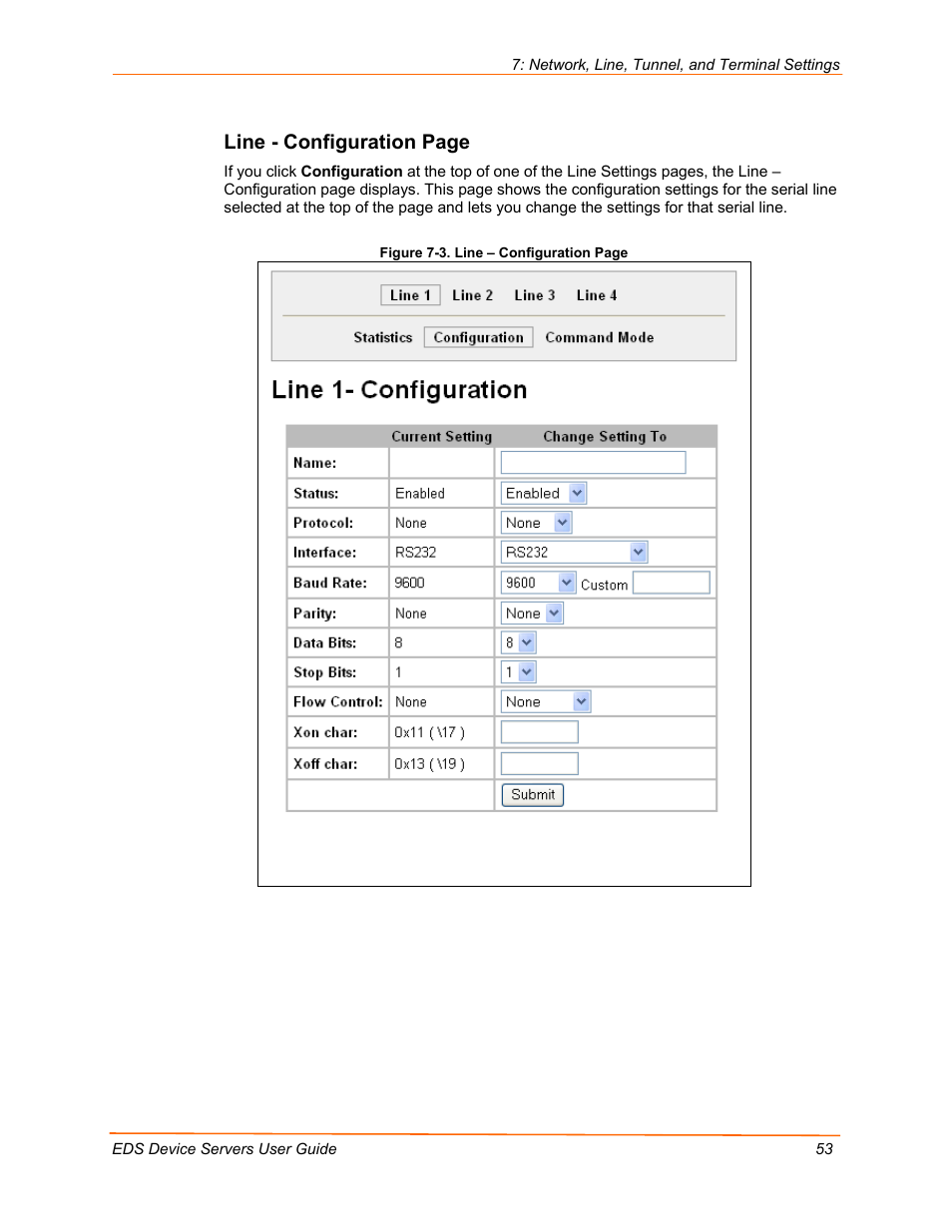 Line - configuration page | Lantronix EDS Device Servers EDS16PR User Manual | Page 53 / 175