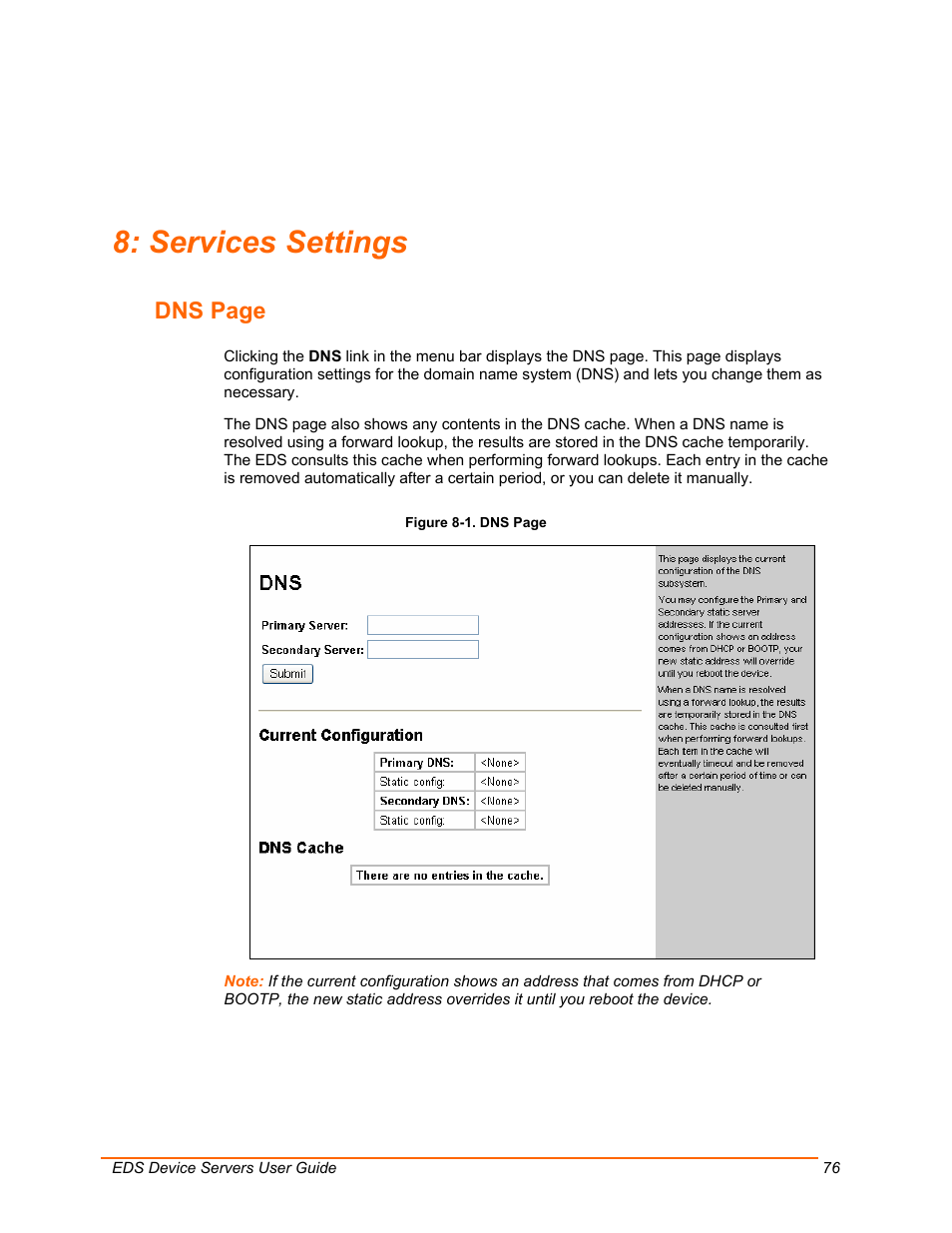 Services settings, Dns page | Lantronix EDS Device Servers EDS16PR User Manual | Page 76 / 175