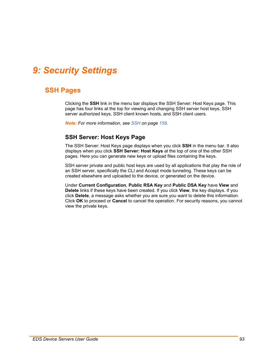 Security settings, Ssh pages | Lantronix EDS Device Servers EDS16PR User Manual | Page 93 / 175