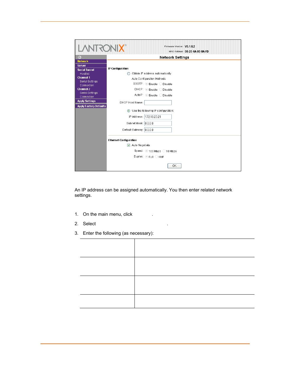 Automatic ip address configuration, Figure 4-2. network settings | Lantronix UDS2100 User Manual | Page 23 / 83