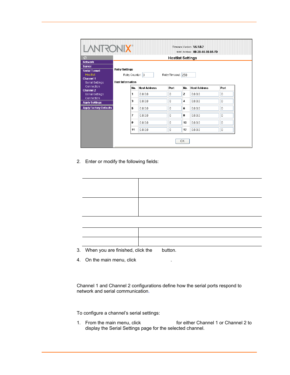 Channel 1 and channel 2 configuration, Serial settings, Figure 4-4. hostlist settings | Lantronix UDS2100 User Manual | Page 27 / 83