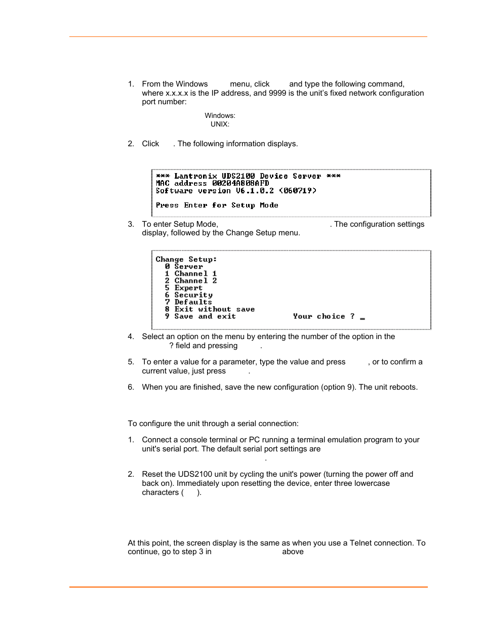 Serial port connection, Figure 5-1. mac address, Figure 5-2. setup menu options | Lantronix UDS2100 User Manual | Page 36 / 83