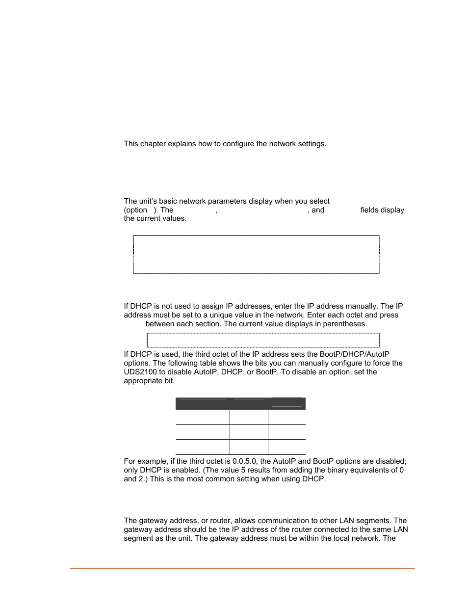 Setup mode: server configuration, Server configuration (option 0), Ip address | Set gateway ip address, Figure 6-1. network settings, Table 6-1. bootp/dhcp/autoip options, Setup mode: server, Configuration | Lantronix UDS2100 User Manual | Page 38 / 83