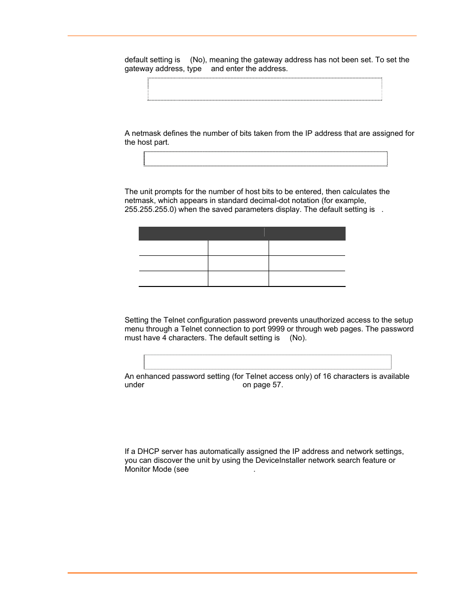 Netmask: number of bits for host part, Change telnet configuration password, Dhcp name | Figure 6-2. change telnet configuration password, Table 6-2. standard ip network netmasks | Lantronix UDS2100 User Manual | Page 39 / 83