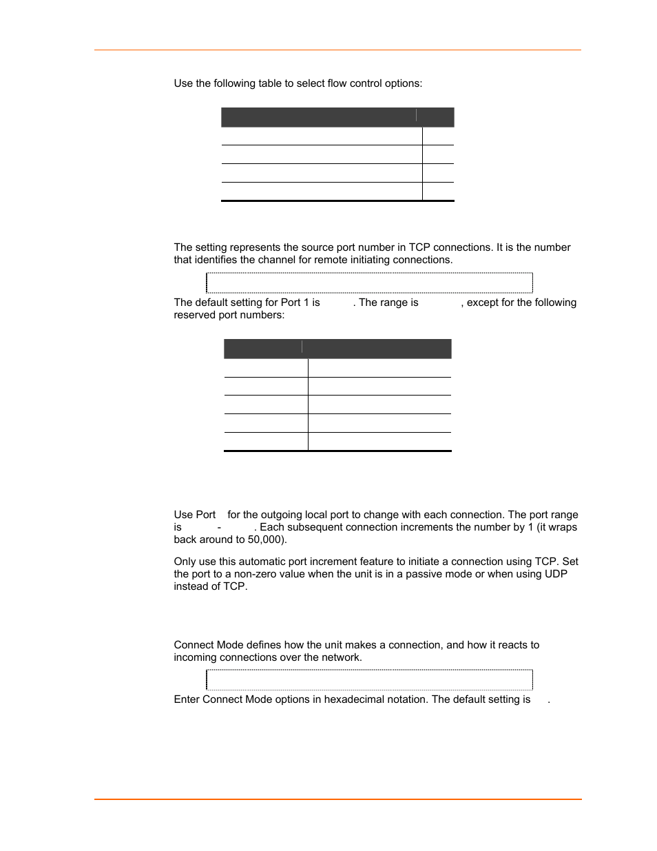 Port number, Connect mode, Table 7-3. flow control options | Table 7-4. reserved port numbers | Lantronix UDS2100 User Manual | Page 43 / 83