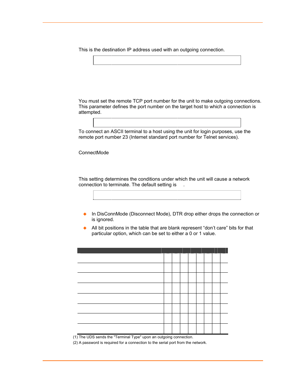 Remote ip address, Remote port, Disconnmode | Table 7-7. disconnect mode options | Lantronix UDS2100 User Manual | Page 51 / 83
