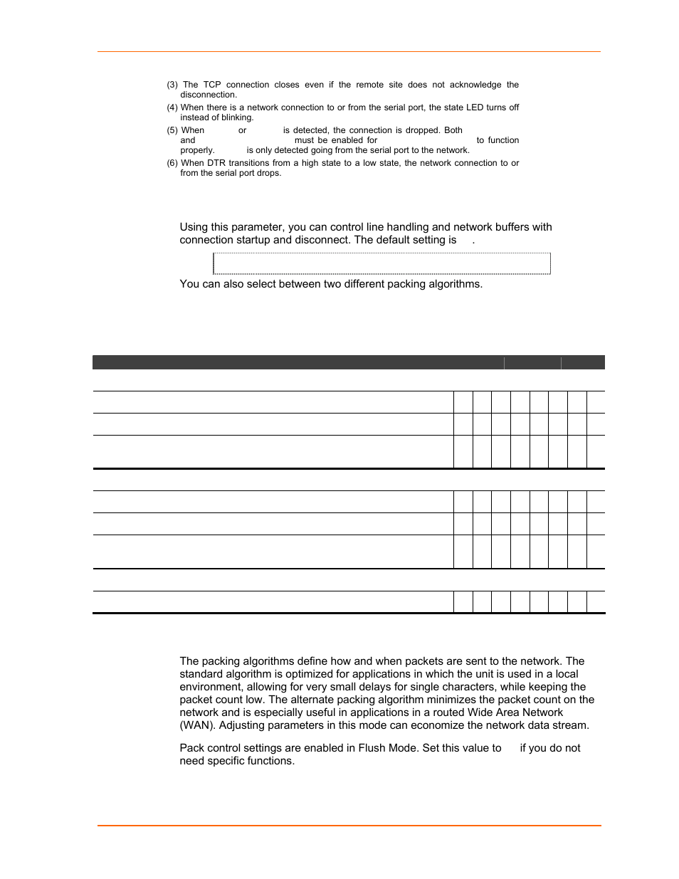 Flush mode (buffer flushing), Pack control, Table 7-8. flush mode options | Lantronix UDS2100 User Manual | Page 52 / 83