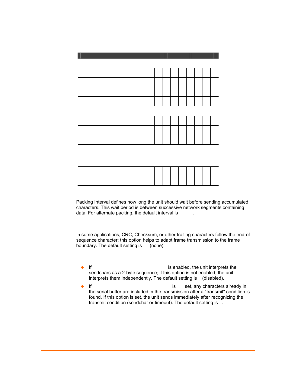 Packing interval, Trailing characters, Send characters | Table 7-9. pack control options | Lantronix UDS2100 User Manual | Page 53 / 83