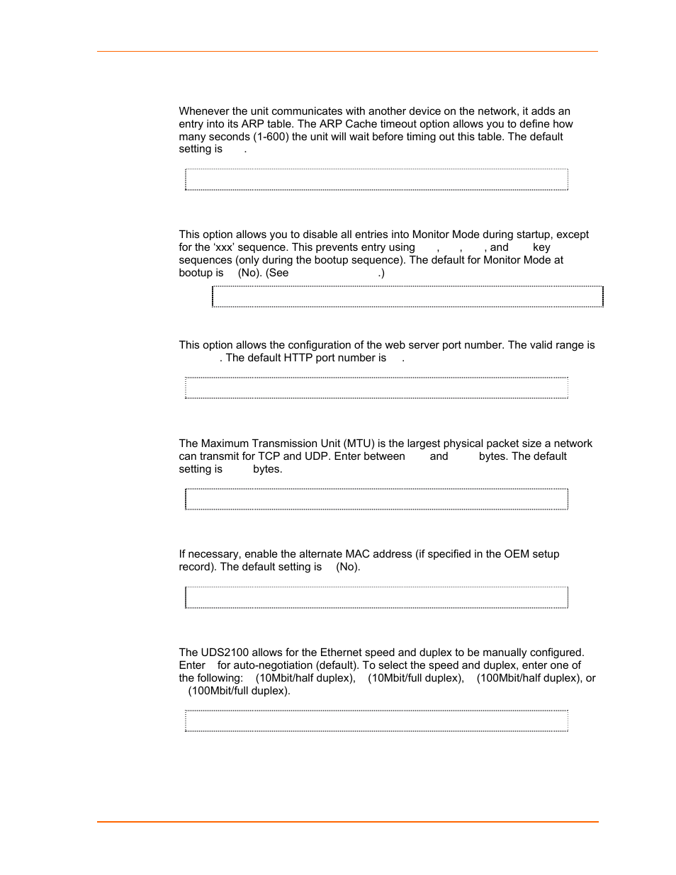 Arp cache timeout in seconds, Disable monitor mode at bootup, Http port number | Mtu size, Enable alternate mac, Ethernet connection type | Lantronix UDS2100 User Manual | Page 56 / 83