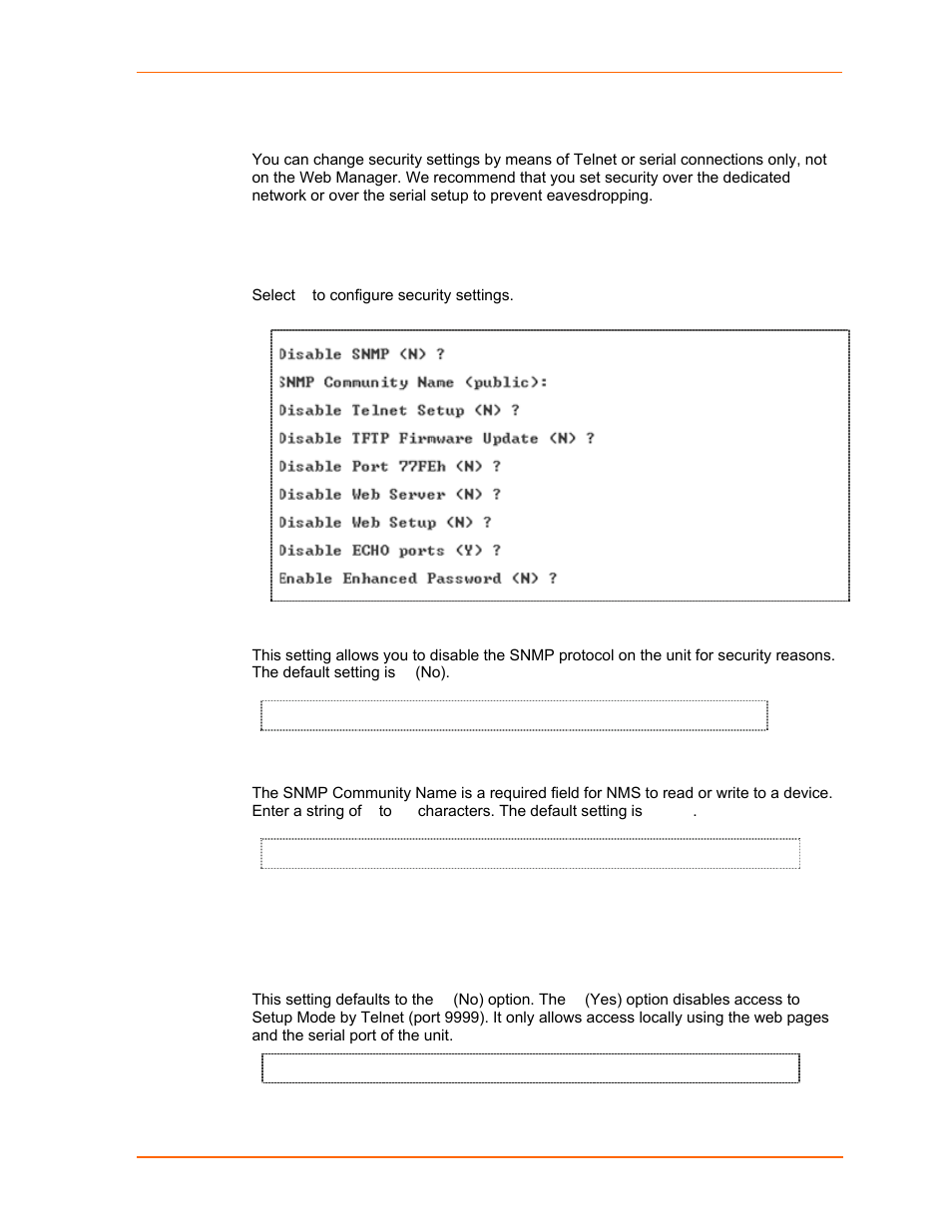Security settings (option 6), Disable snmp, Snmp community name | Disable telnet setup, Figure 8-2. security settings, On p, Ge 57 | Lantronix UDS2100 User Manual | Page 57 / 83
